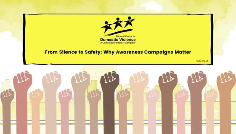 Illustration of fists raised high with 'From Silence to Safety: Why Awareness Campaigns Matter' written above.
